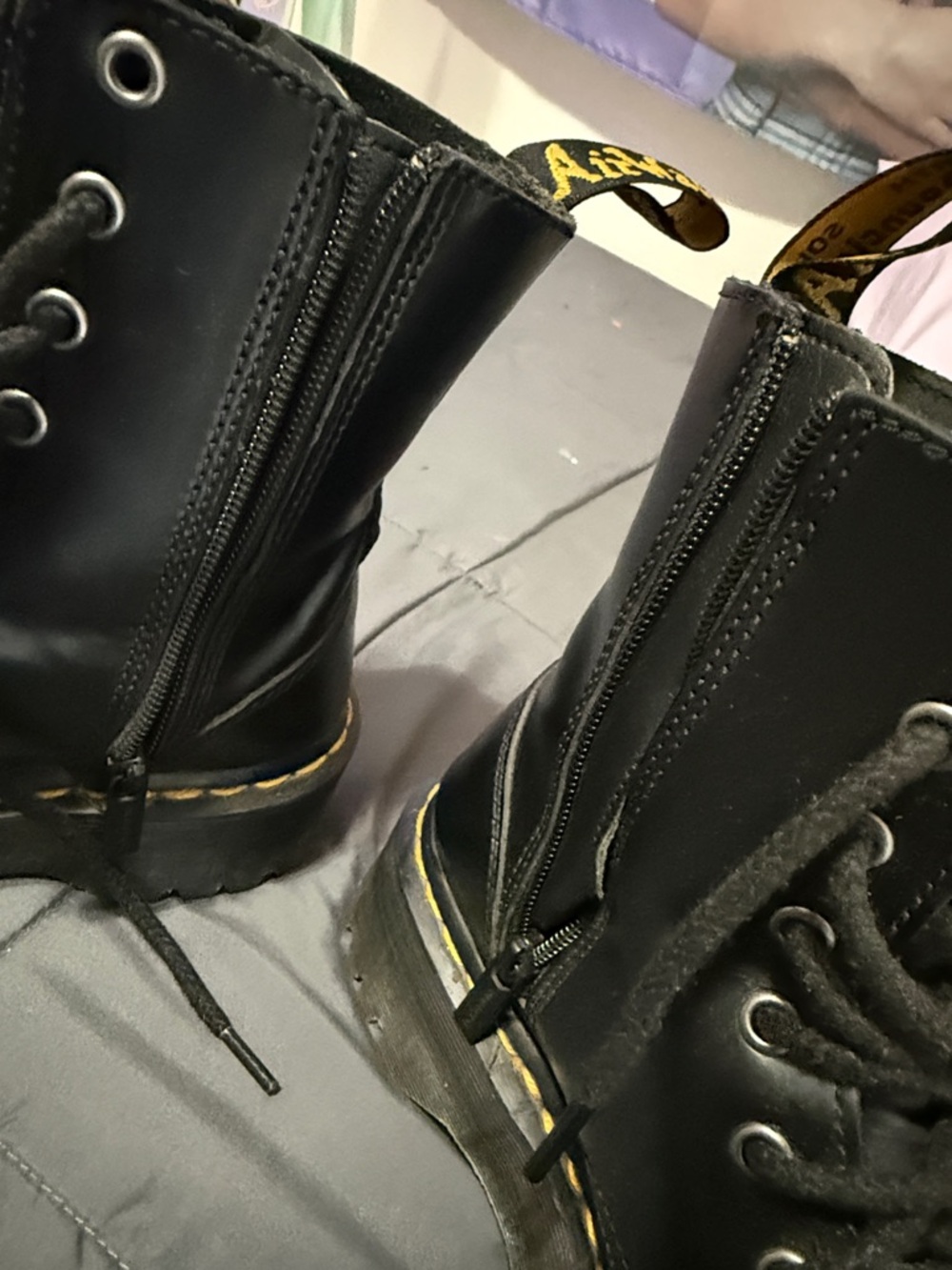 Dr. Martens Black Leather Platform Lace-Up Boots with Yellow Stitching - Picture 9 of 10